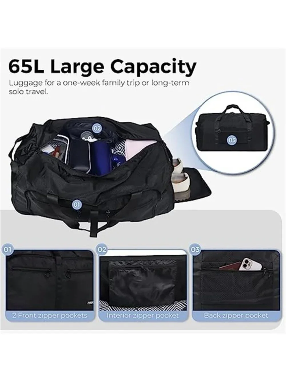 Men's 65L Duffle Bag with Shoes Compartment Foldable Travel Duffel Bags